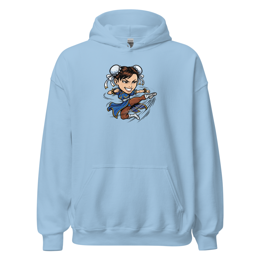 Arcade Fighter Spinning Kick Halftone Pop Art Tee — light blue front view