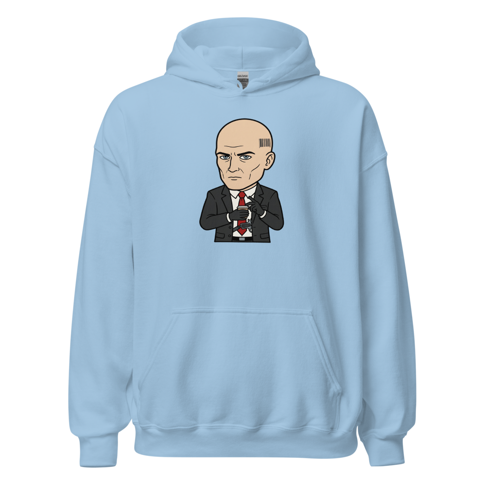Deadpan Bald Assassin Cappuccino Order Tee â€” Light Blue front view