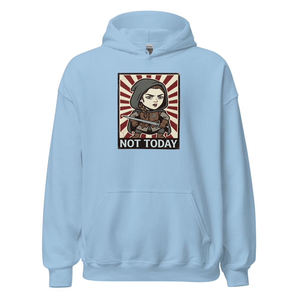 Not Today Hooded Assassin Propaganda Tee — light blue front view