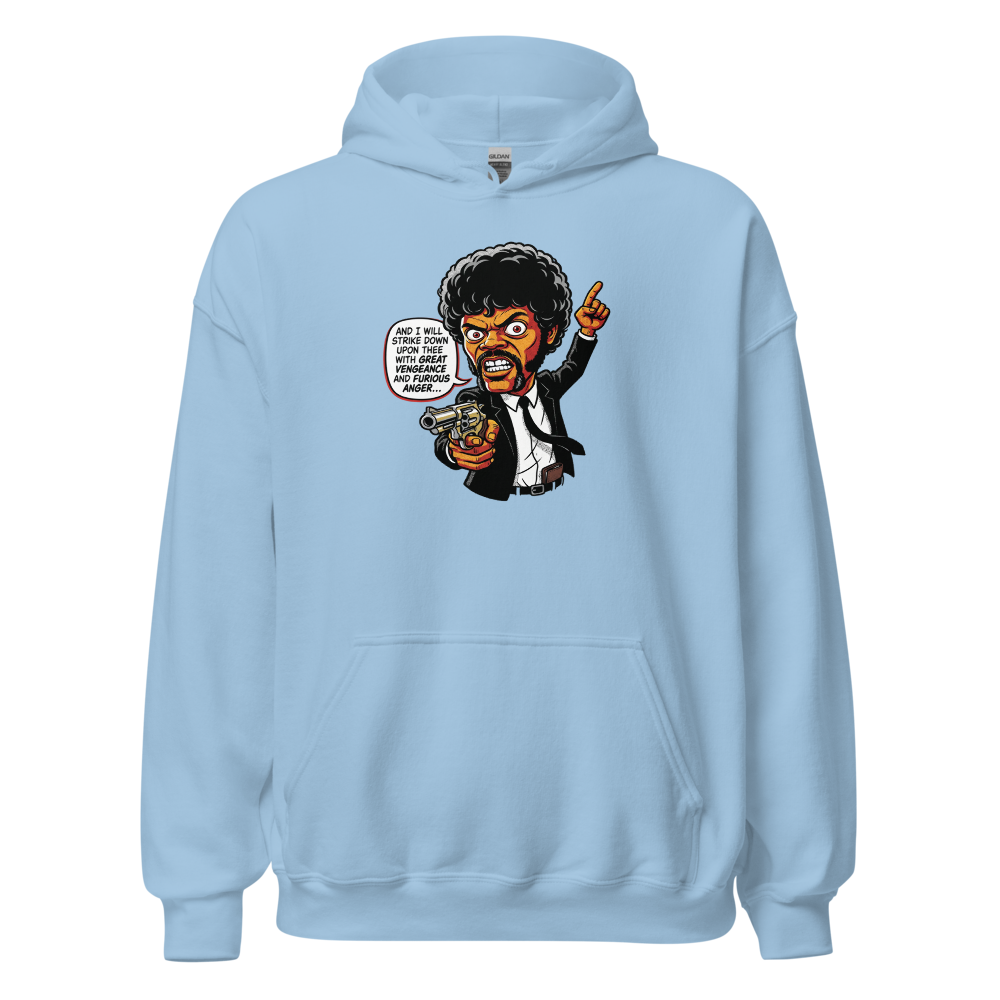 Righteous Hitman Halftone Pop Art Movie Tee — light blue front view