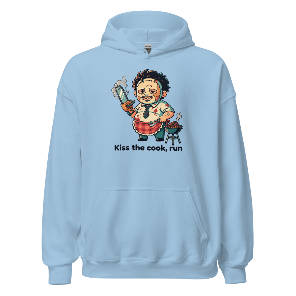 Chibi Slasher Grill Dad Chainsaw BBQ Horror Tee — light blue front view