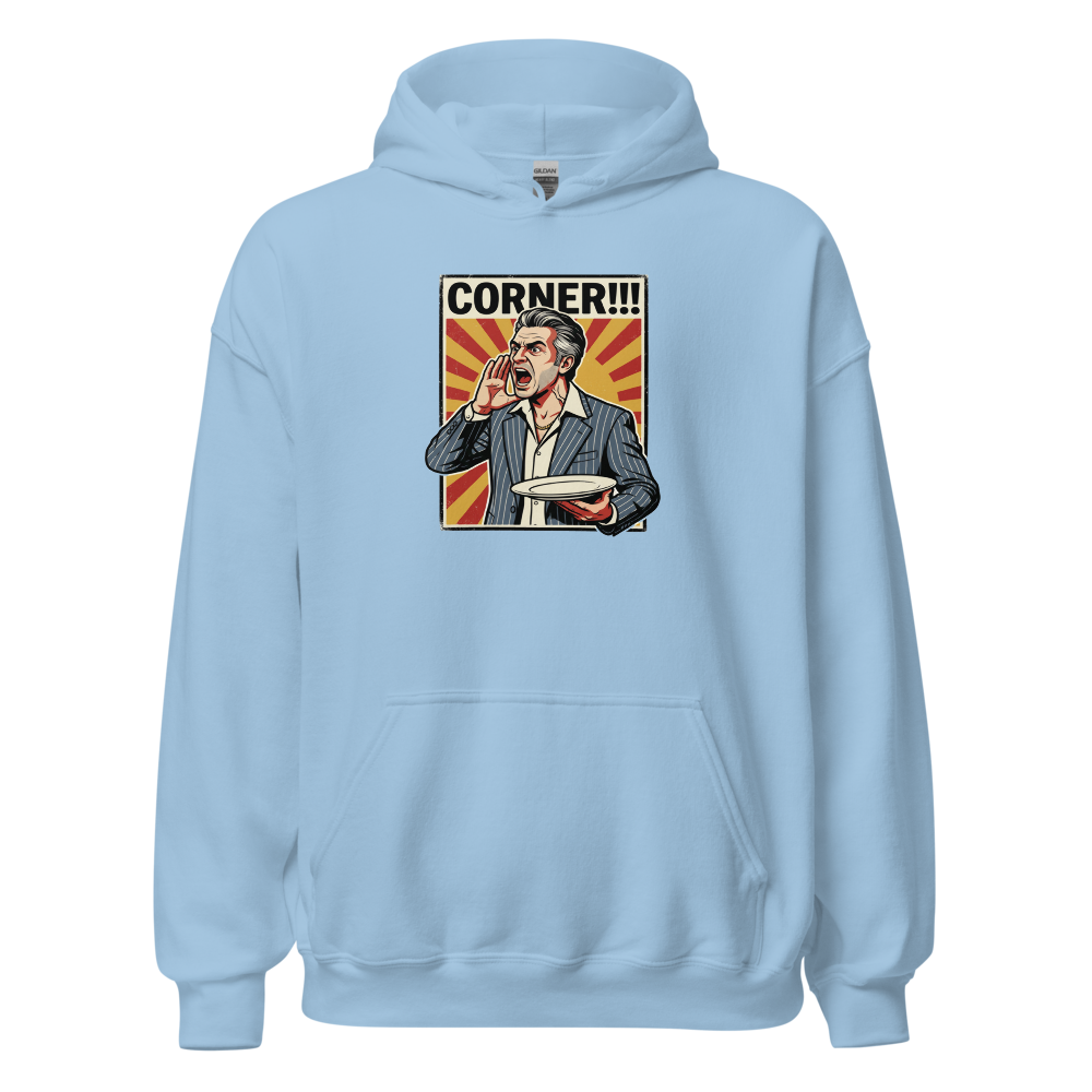 Corner Screaming Waiter Propaganda Fine Dining Tee — light blue front view