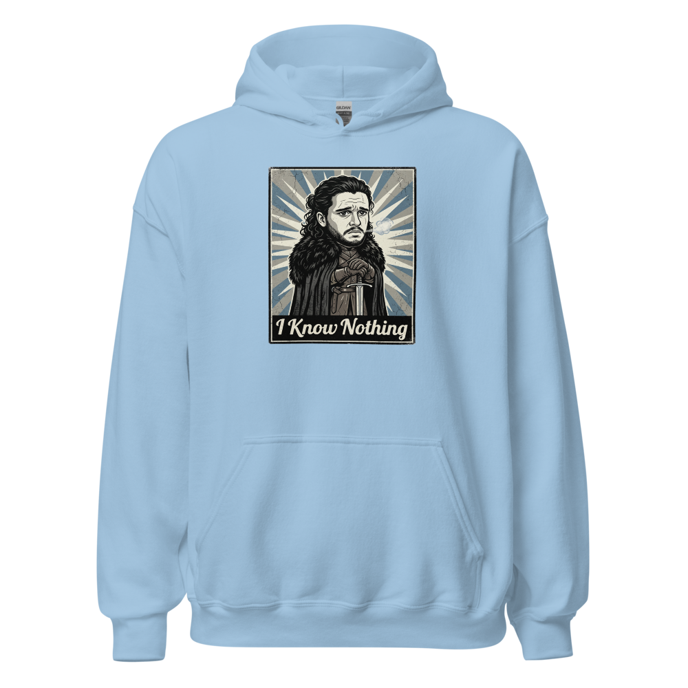 I Know Nothing Brooding Northern Hero Propaganda Tee — light blue front view