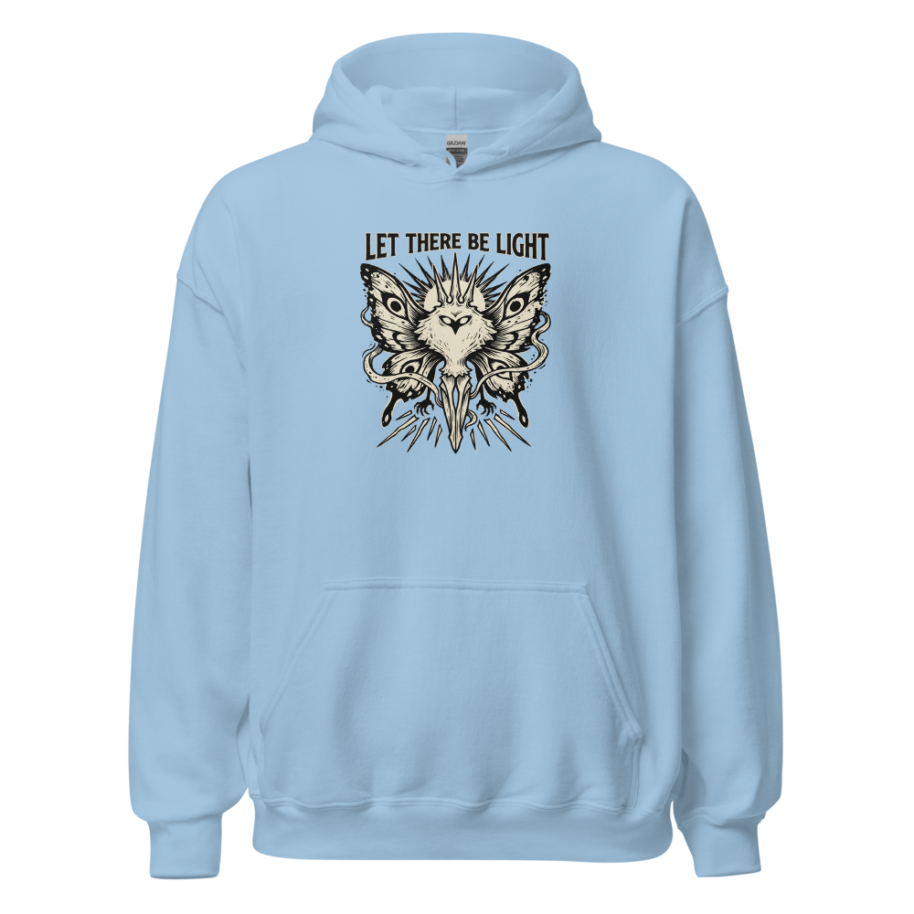 Moth Goddess Blackwork Linocut Let There Be Light Tee — light blue front view