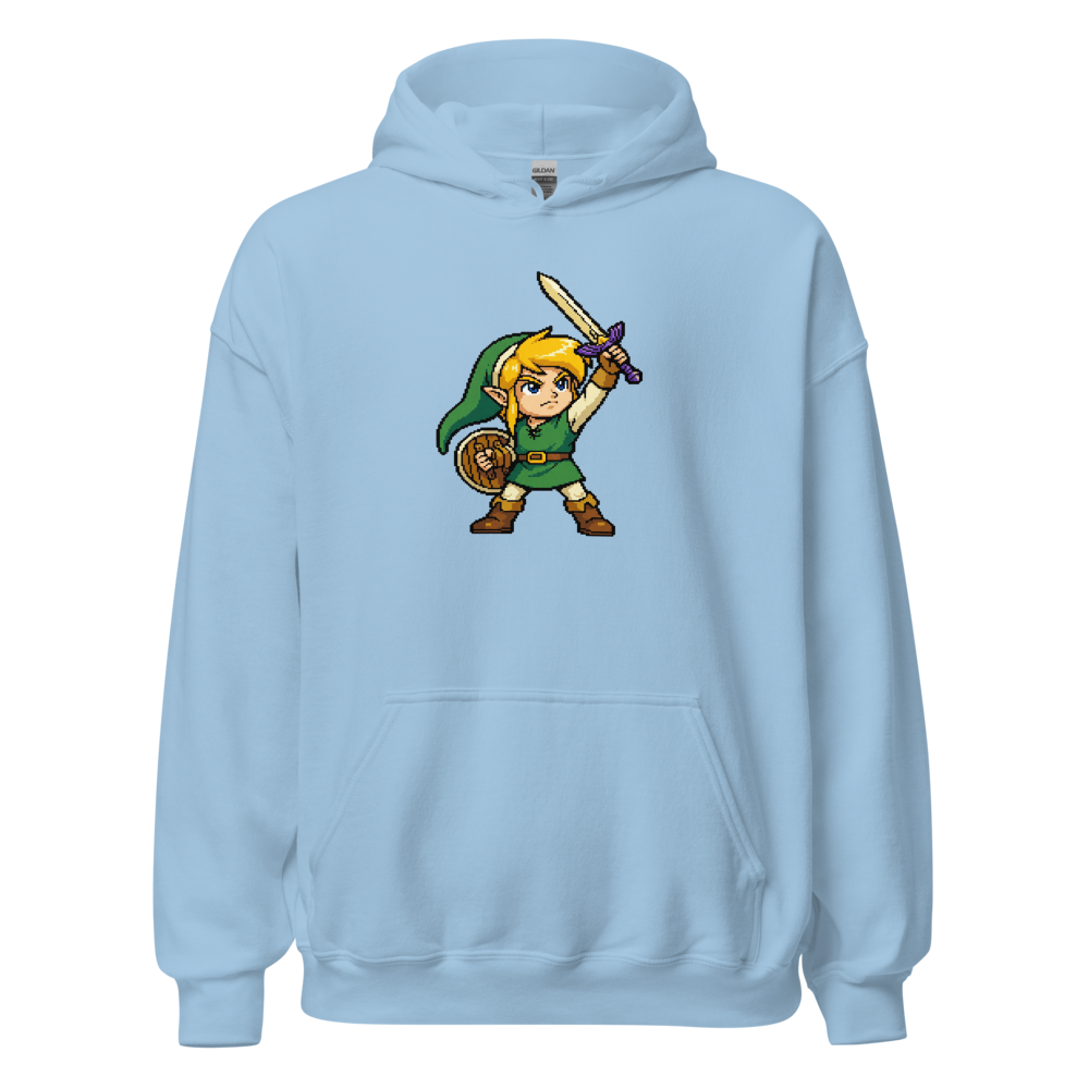 16-Bit Pixel Hero Sword Raise Retro Gamer Tee — light blue front view