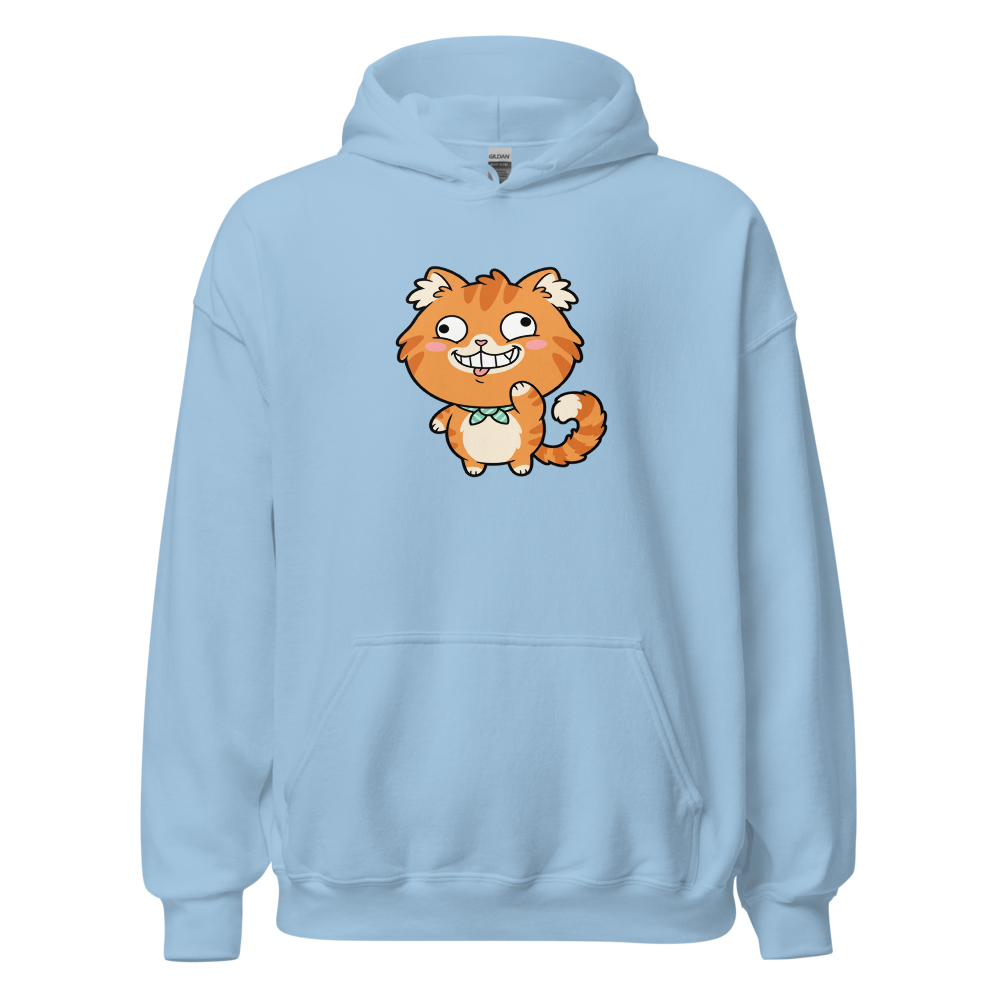 Derpy Orange Tabby Chibi Meme Cat Tee — light blue front view