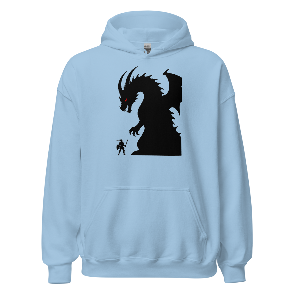Tiny Hero Giant Boss Silhouette Minimalist Gamer T-Shirt — Hoodie — light blue front view