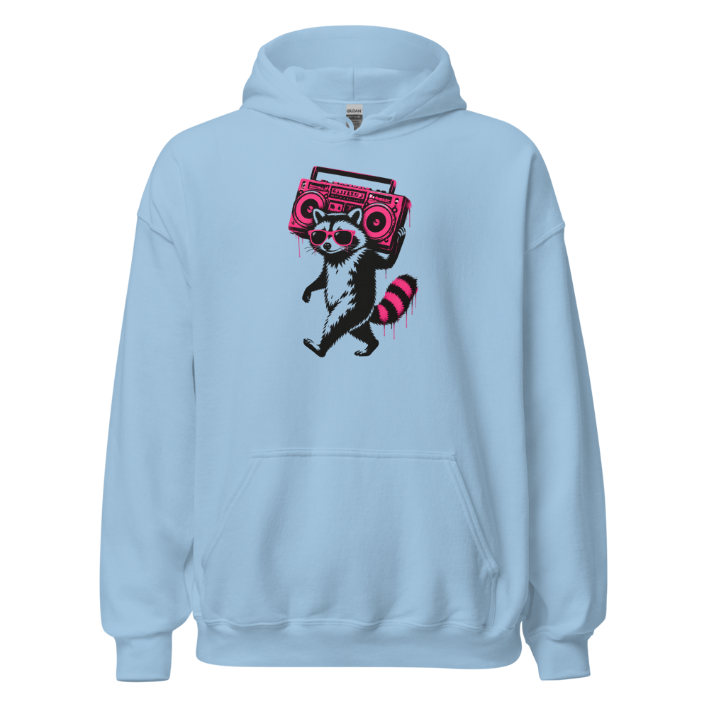 Stencil Raccoon With Boombox Street Art Tee — light blue front view