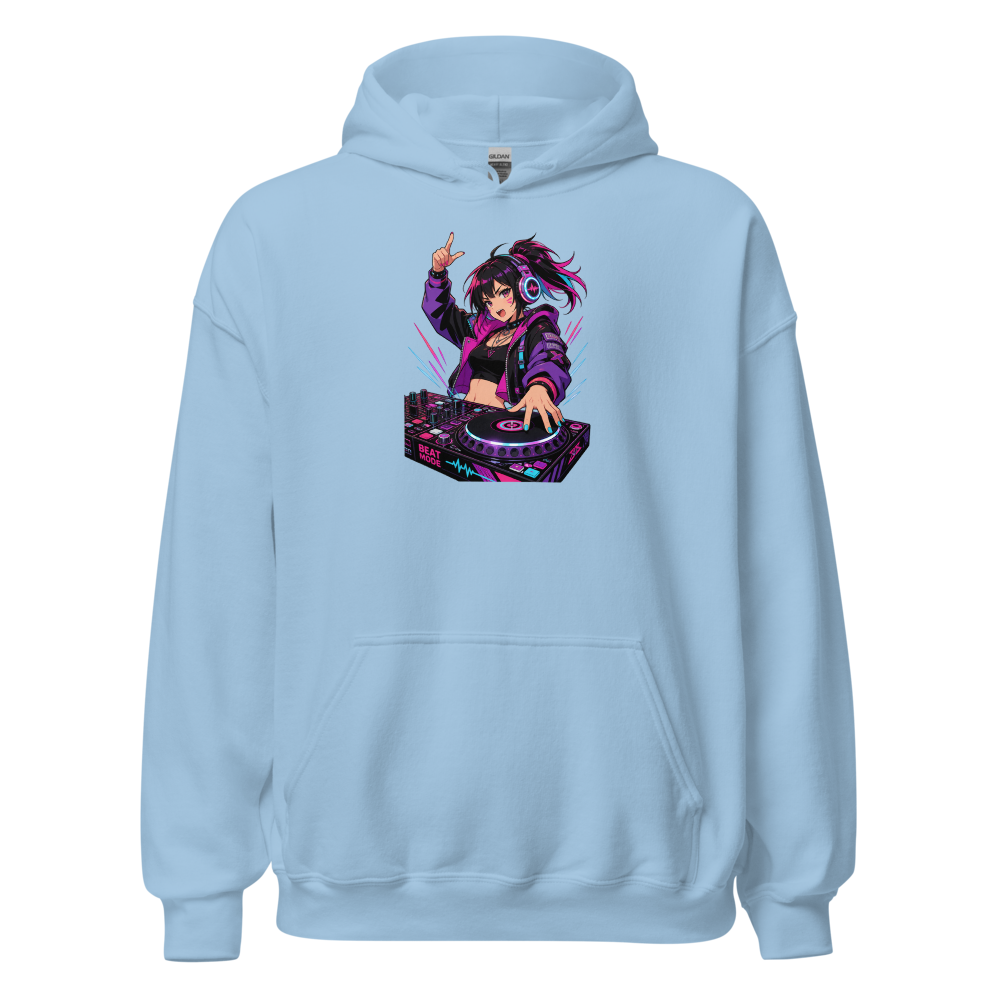 Anime Turntable Girl Synthwave Neon Drop Tee — light blue front view