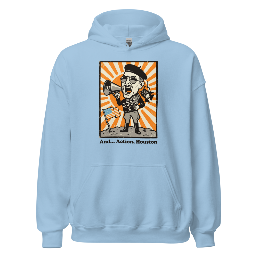 Fake Moon Soundstage Auteur Propaganda Parody Tee â€” Light Blue front view