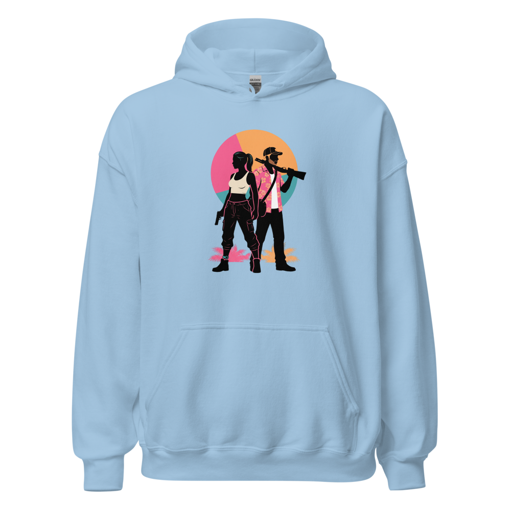 Outlaw Couple Neon Sunset Crime Duo Graphic Tee — light blue front view
