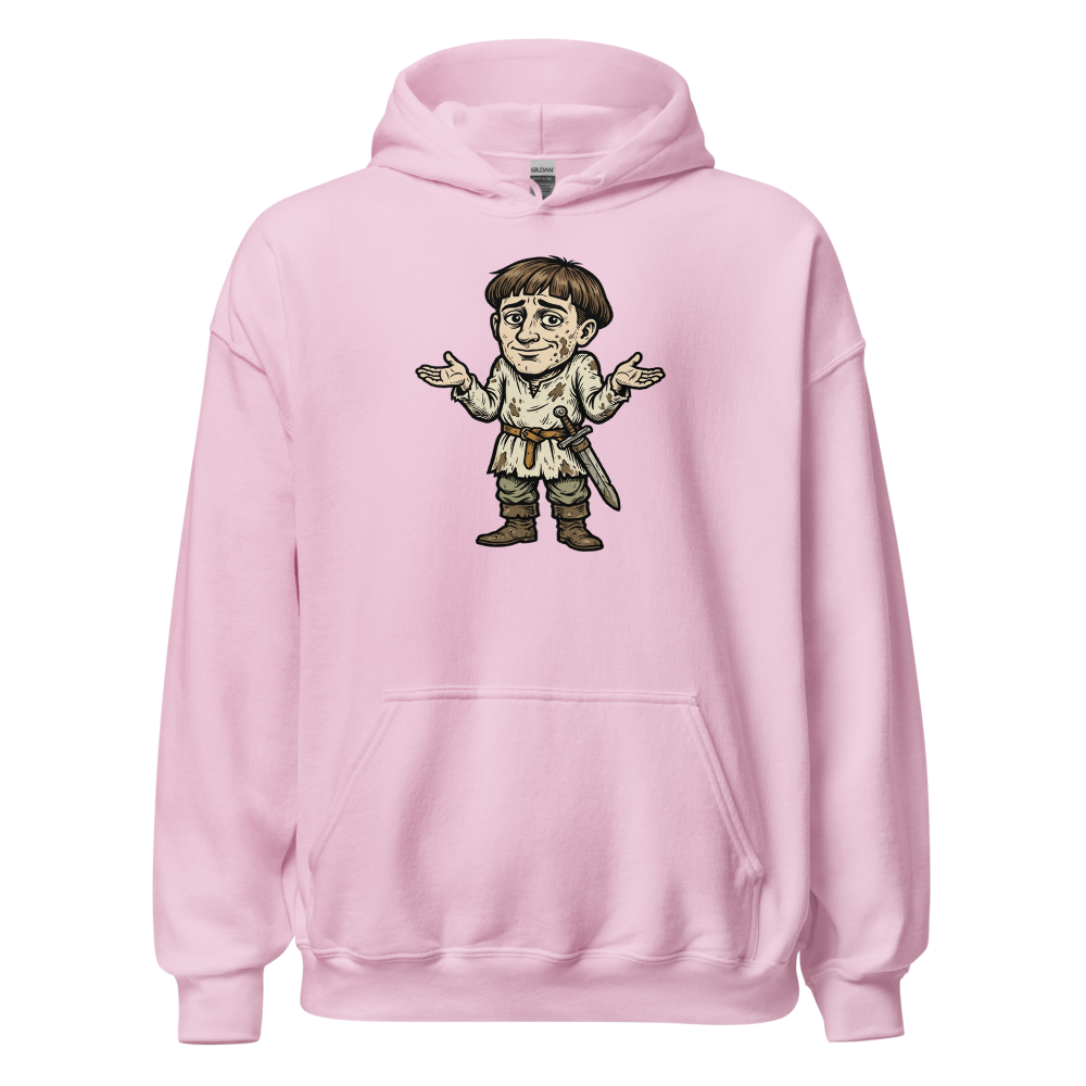 Medieval Peasant Shrug Woodcut Retro RPG Tee — light pink front view