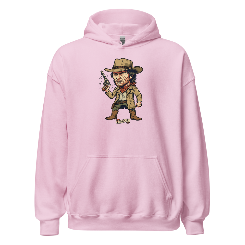 Scarred Outlaw Revolver Spinner Tattoo Flash Tee — light pink front view
