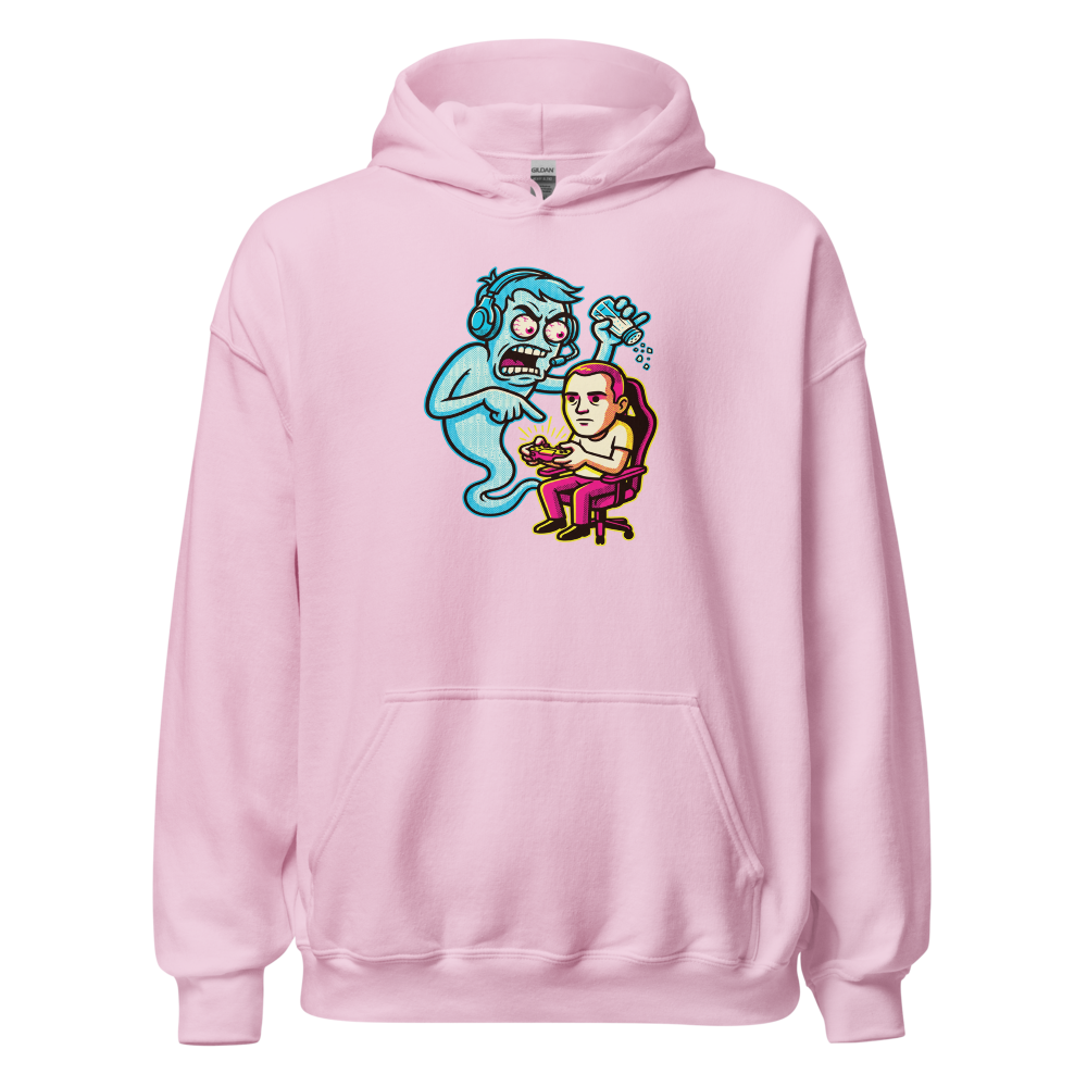 Salty Ghost Backseat Gamer Halftone Pop Art Tee — light pink front view