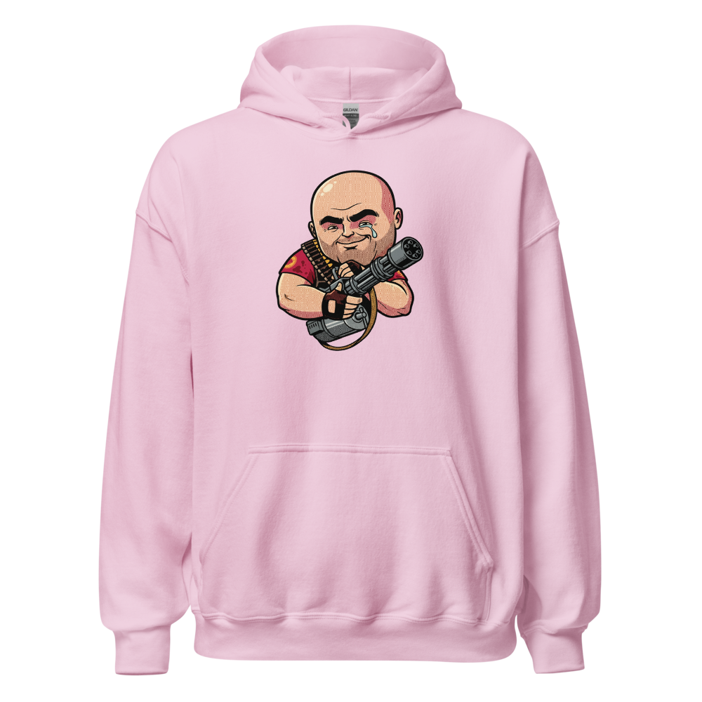 Big Russian Gunner Minigun Hug Pop Art Tee — light pink front view