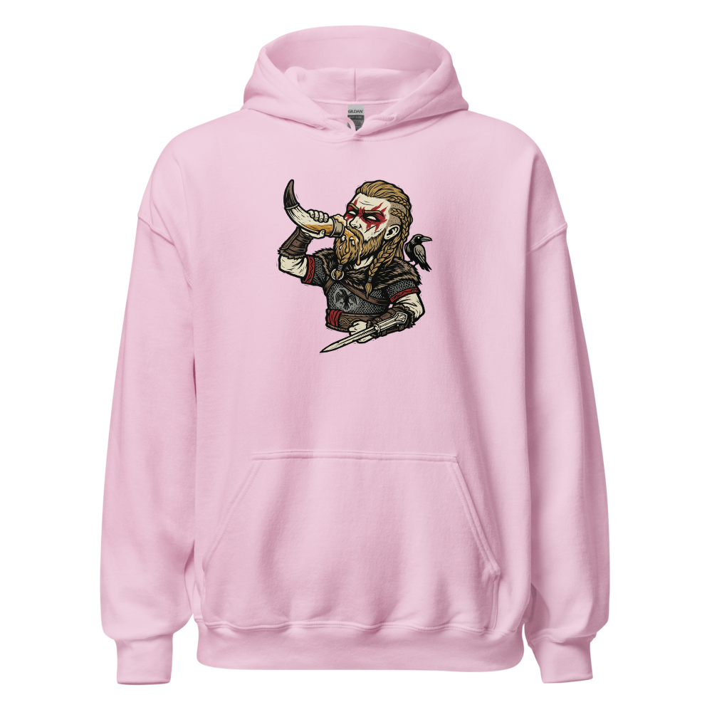 Viking Raider Mead Horn Hidden Blade Woodcut Tee — light pink front view