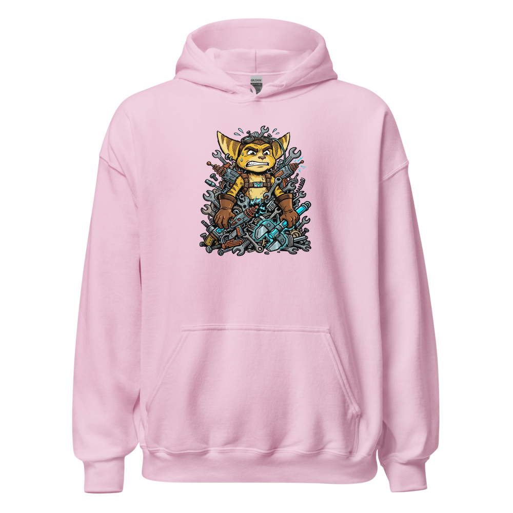 Overwhelmed Space Mechanic Wrench Pile Comic Tee — light pink front view