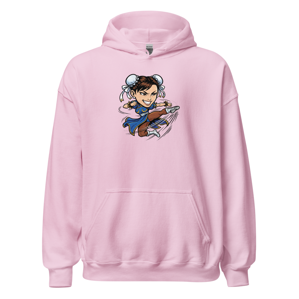 Arcade Fighter Spinning Kick Halftone Pop Art Tee — light pink front view