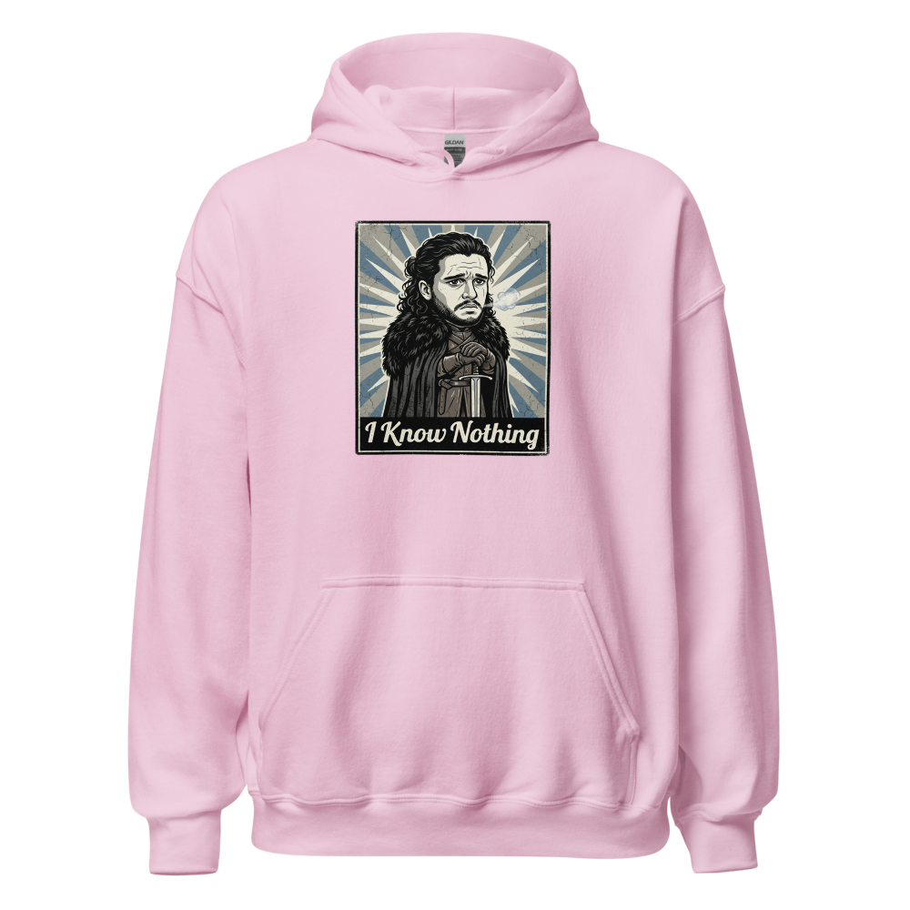 I Know Nothing Brooding Northern Hero Propaganda Tee — light pink front view