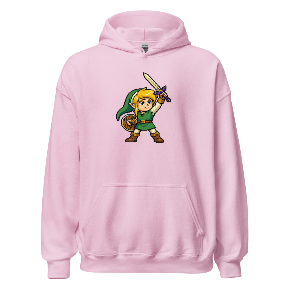16-Bit Pixel Hero Sword Raise Retro Gamer Tee — light pink front view