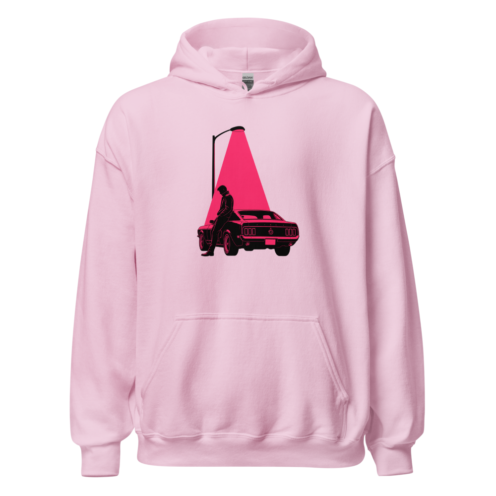 Neon Noir Midnight Driver Muscle Car Silhouette Tee â€” Light Pink front view