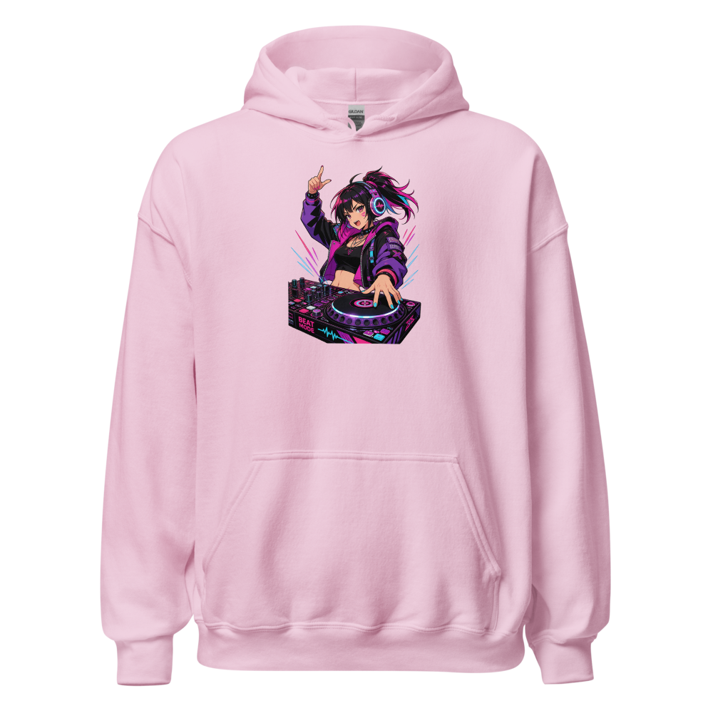Anime Turntable Girl Synthwave Neon Drop Tee — light pink front view