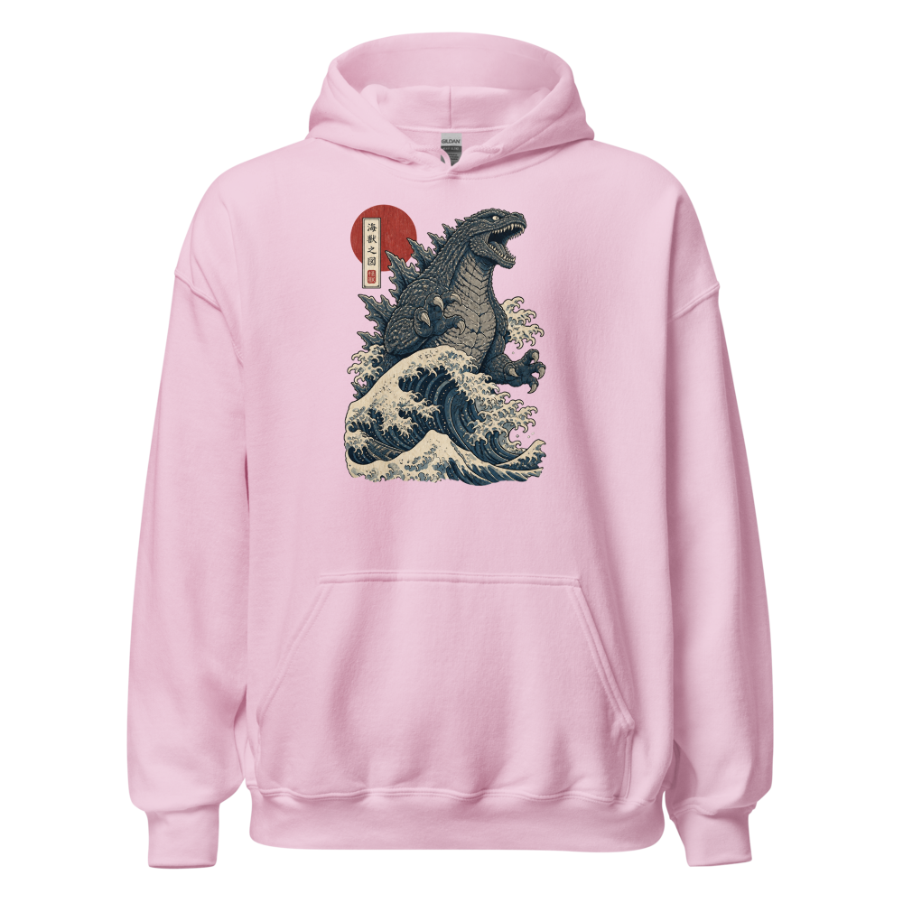 Sea Monster Great Wave Woodblock Print Tee — light pink front view