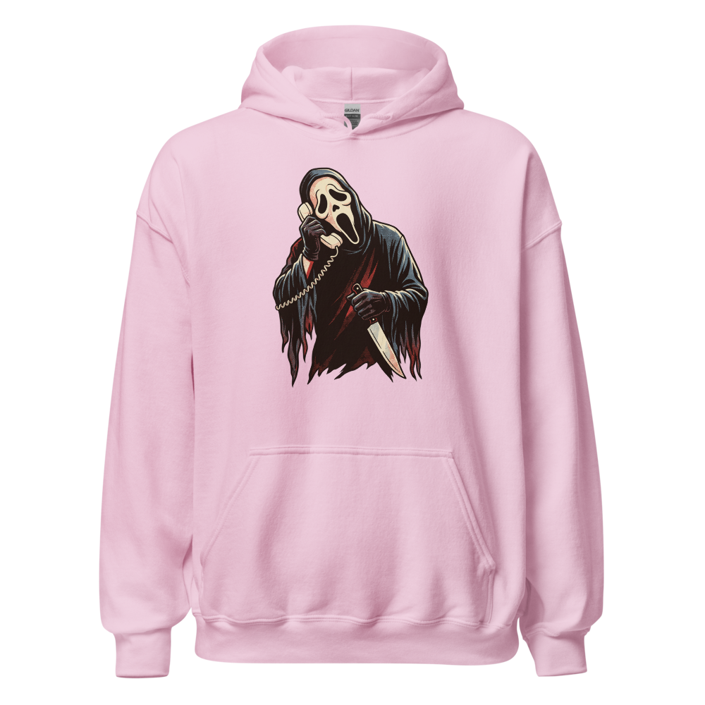 Masked Phone Caller On Hold Halftone Horror Tee — light pink front view