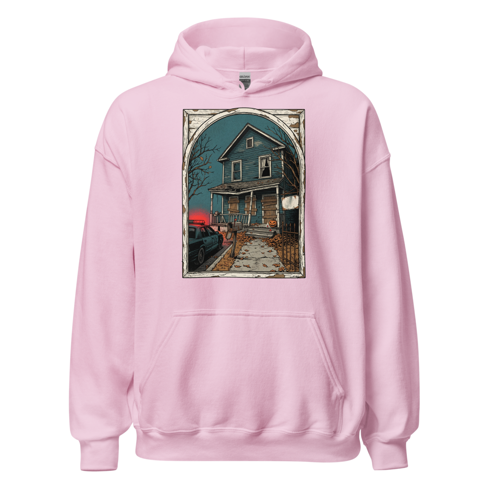 Haunted House Halloween Night Screen Print Horror Tee — Hoodie — light pink front view