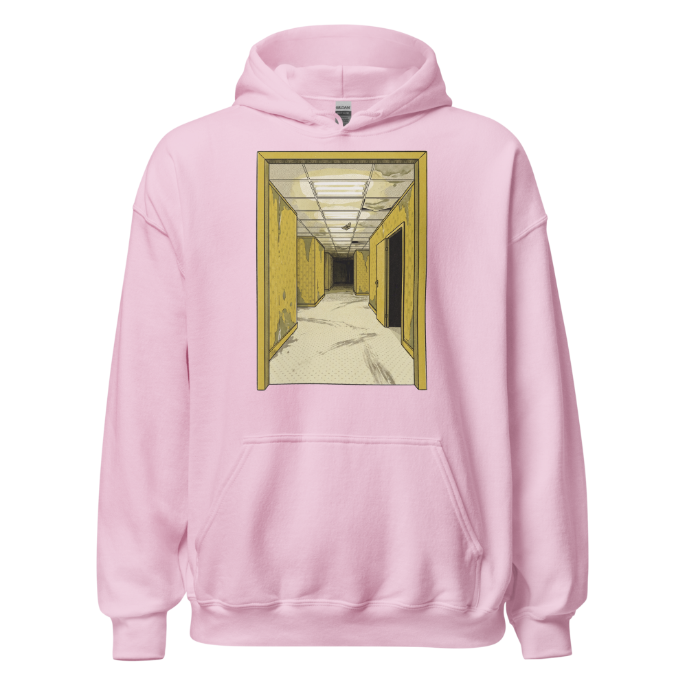 Yellow Liminal Hallway Endless Corridor Riso Tee — Hoodie — light pink front view