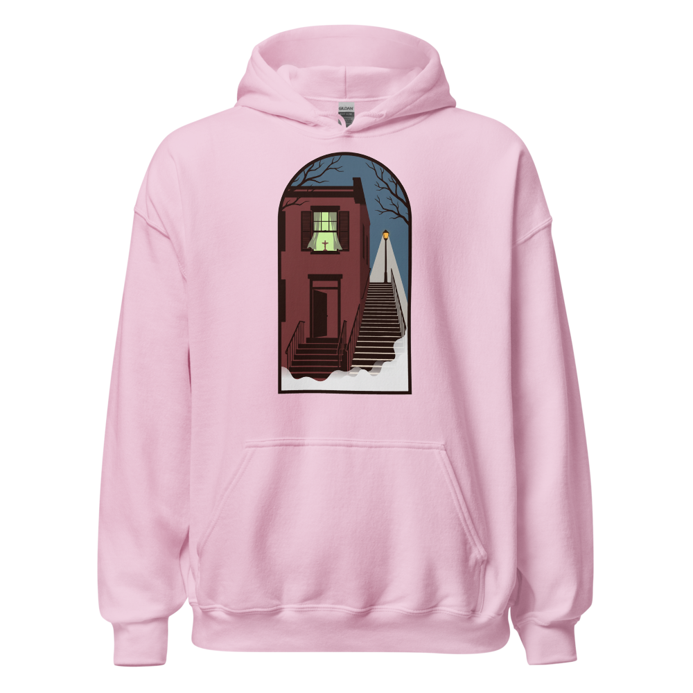 Haunted Row House Stone Stairs Horror Night Tee — Hoodie — light pink front view