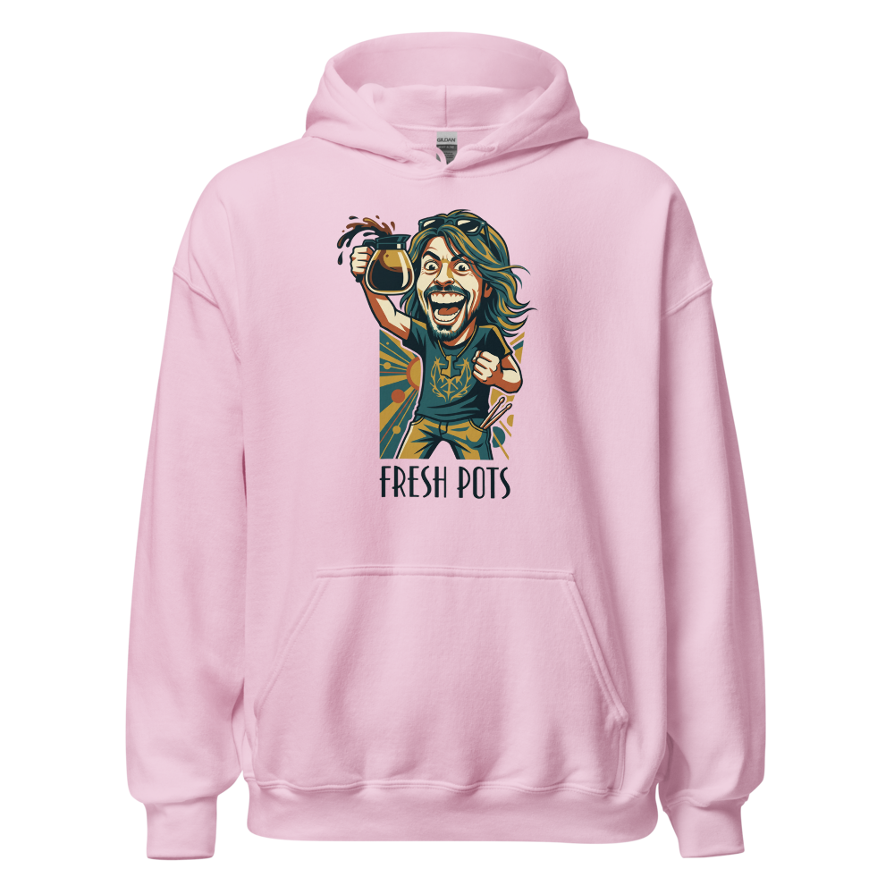 Fresh Pots Coffee Fueled Rock Drummer Art Deco Poster Tee — Hoodie — light pink front view