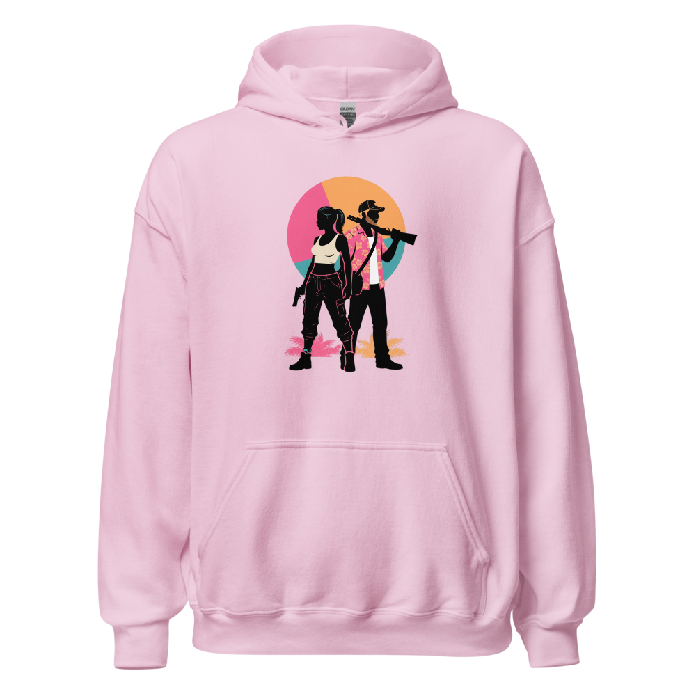 Outlaw Couple Neon Sunset Crime Duo Graphic Tee — light pink front view