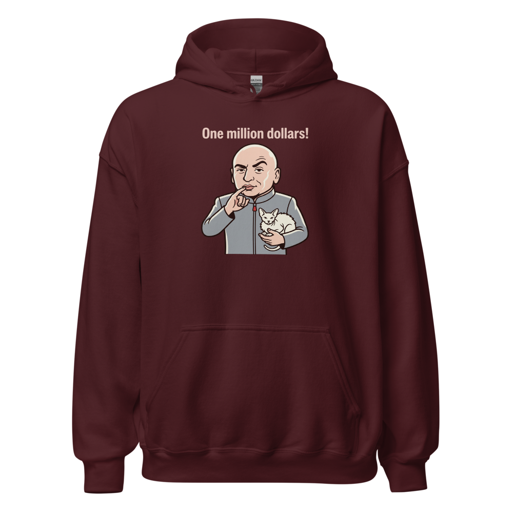 One Million Dollars Bald Supervillain Parody Tee — maroon front view