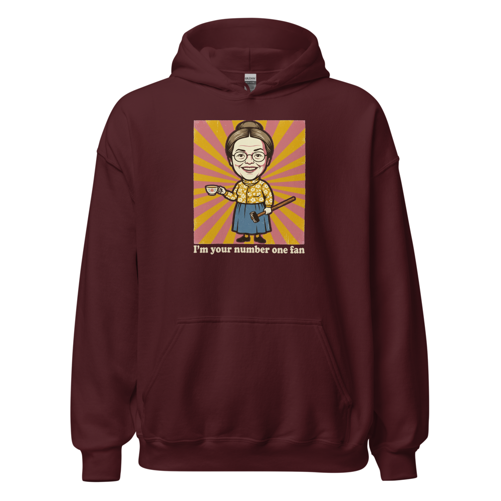 Number One Fan Creepy Housewife Horror Parody Tee — maroon front view
