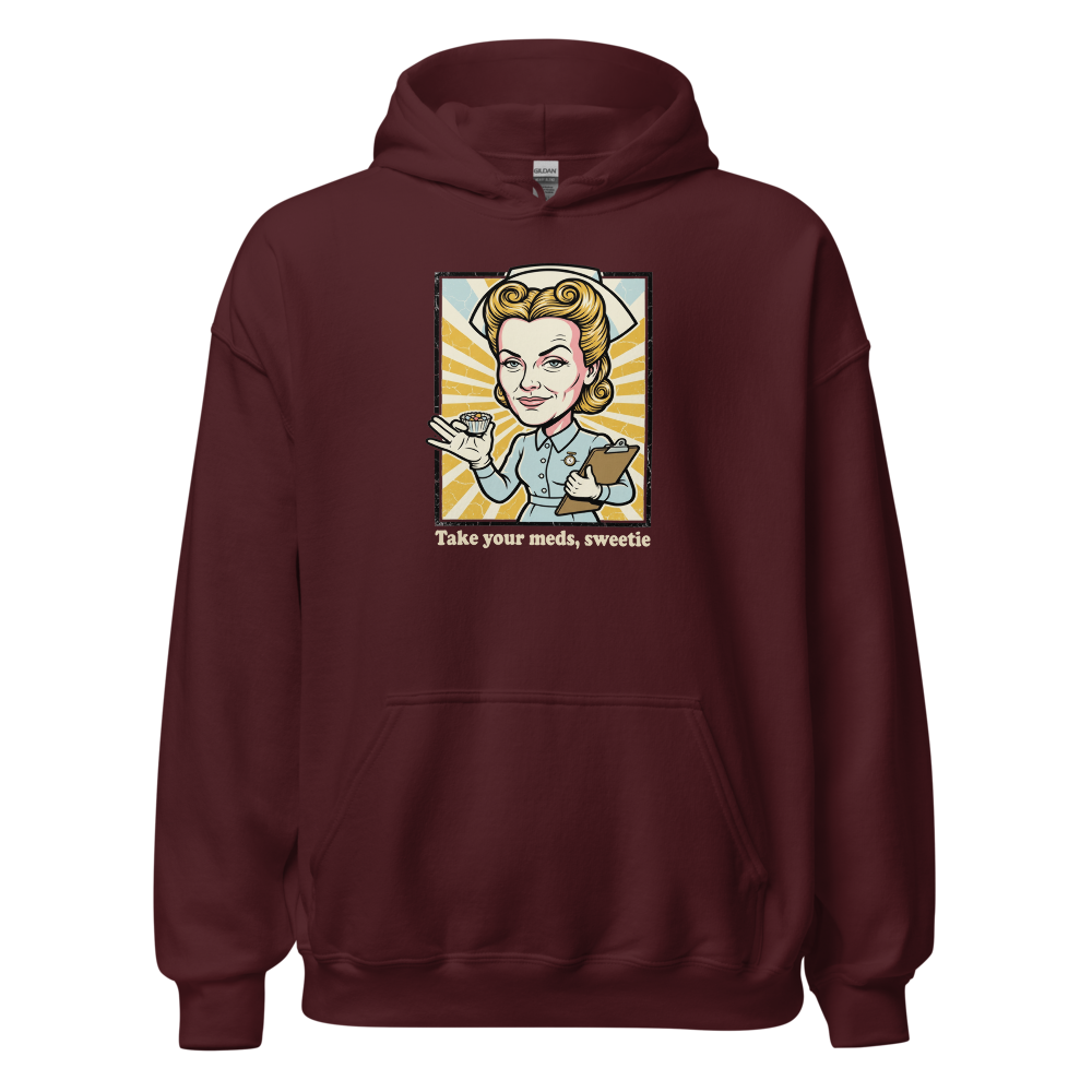 Take Your Meds Sweetie Propaganda Nurse Tee — maroon front view
