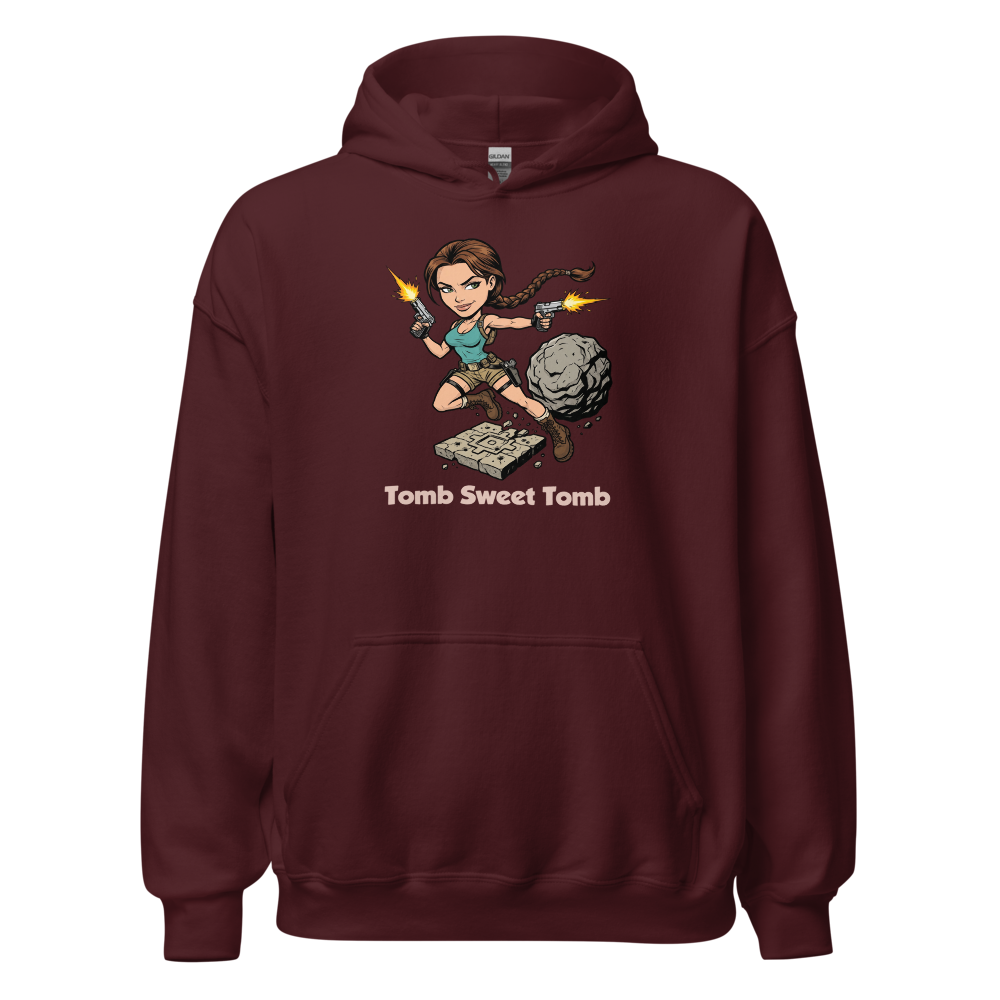 Tomb Sweet Tomb Action Heroine Adventure Tee — maroon front view