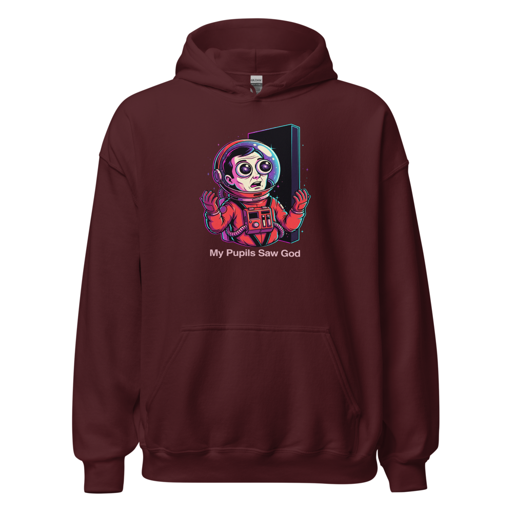Cosmic Astronaut Monolith Neon Sci-Fi Parody Tee — maroon front view