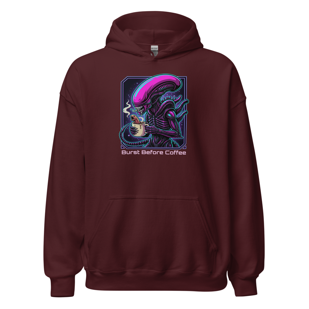 Burst Before Coffee Cyberpunk Alien Horror Tee — maroon front view