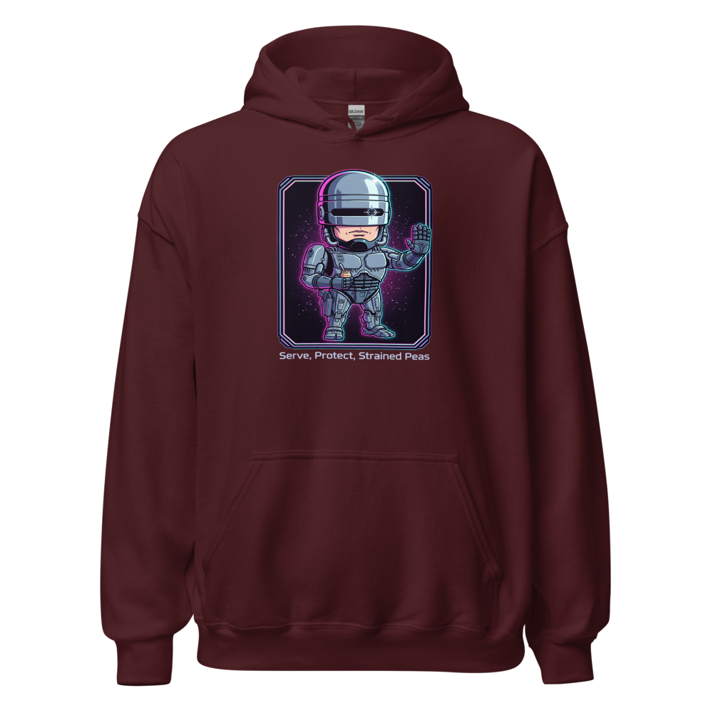 Cyborg Cop Strained Peas Cyberpunk Parody Tee — maroon front view