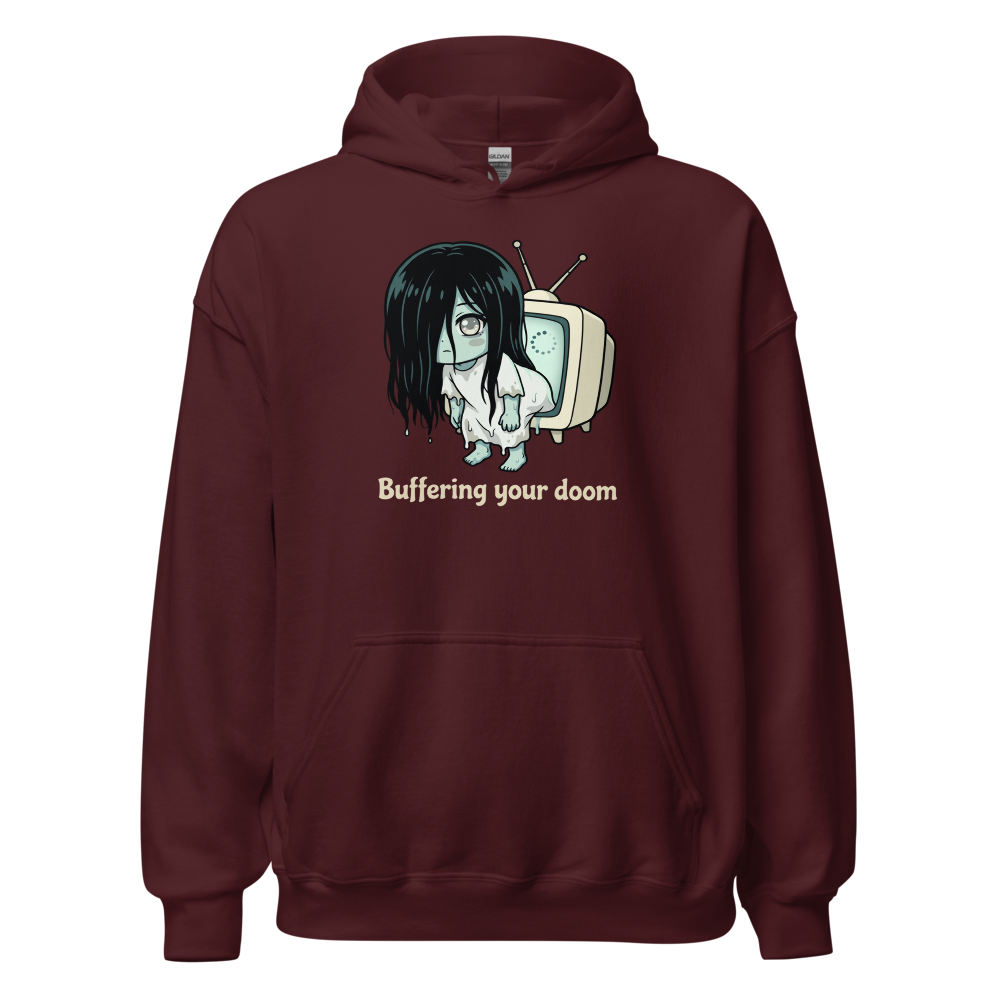 Buffering Your Doom Chibi Kawaii Horror Ghost Tee — maroon front view