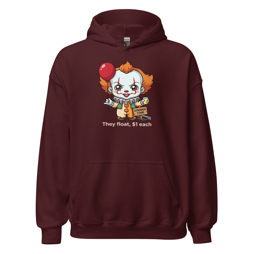 Chibi Creepy Clown Lemonade Stand Horror Parody Tee — maroon front view