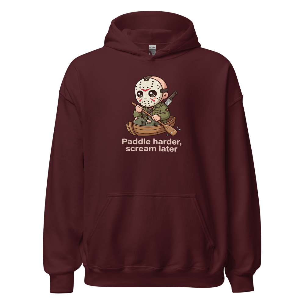 Chibi Slasher Camp Canoe Horror Parody Tee — maroon front view
