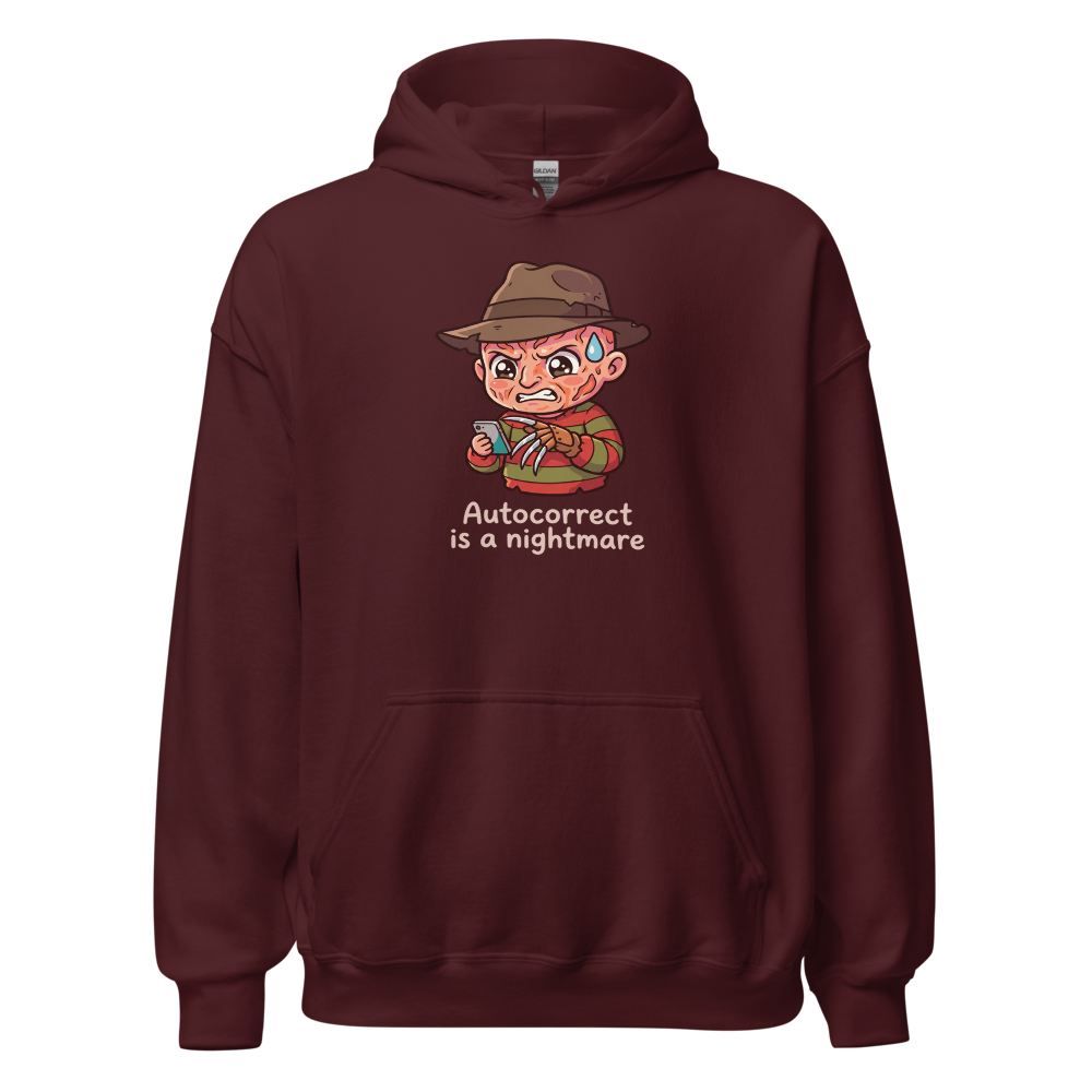 Chibi Slasher Autocorrect Nightmare Horror Parody Tee — maroon front view