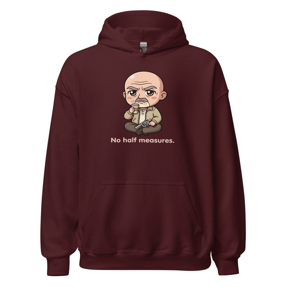 Chibi Stoic Grandpa Hitman Coffee Sipper Tee — maroon front view