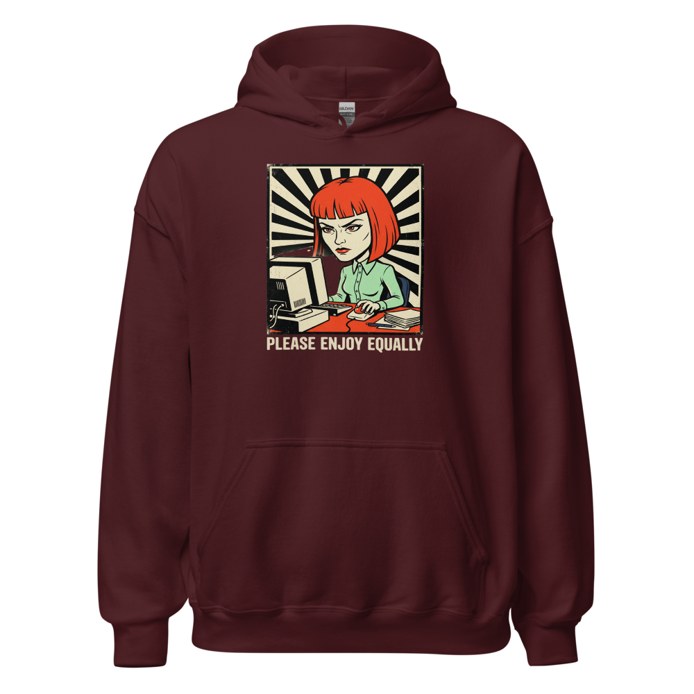 Please Enjoy Equally Office Drone Propaganda Tee — maroon front view
