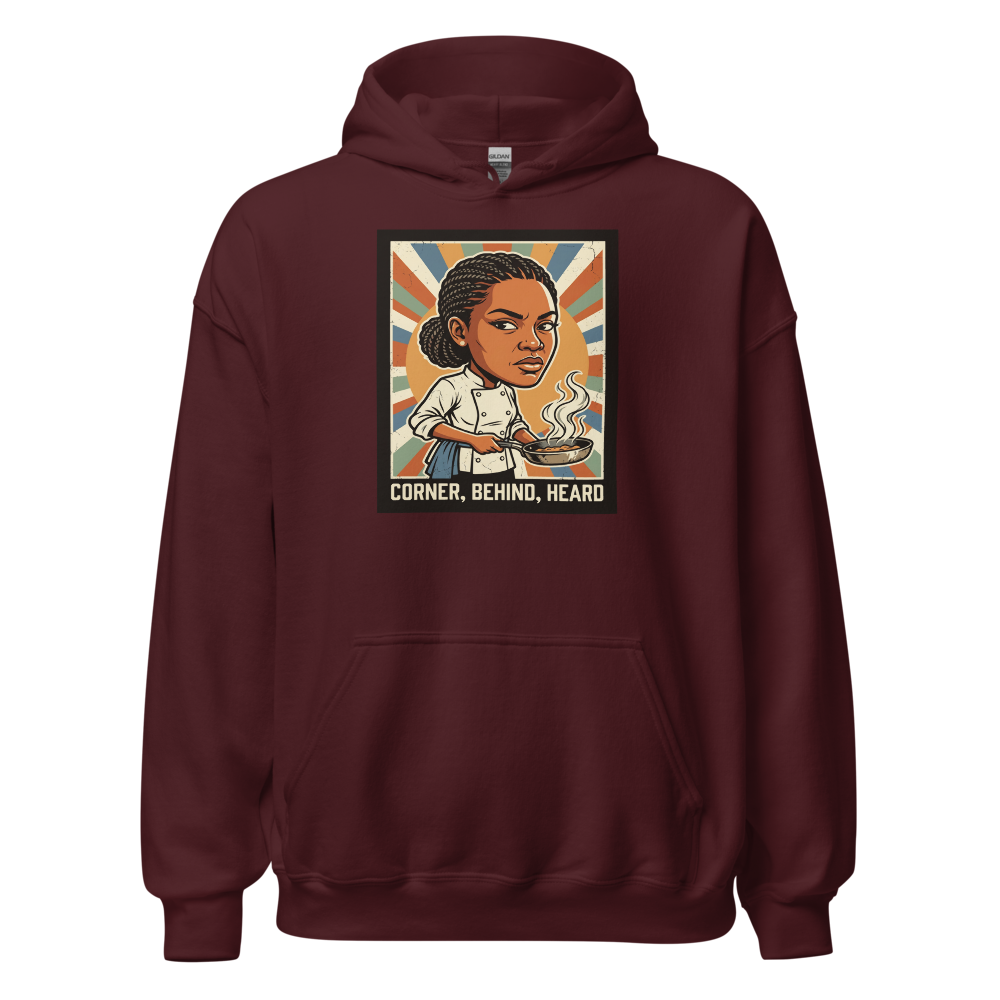 Side-Eye Chef Propaganda Screenprint Kitchen Tee — maroon front view