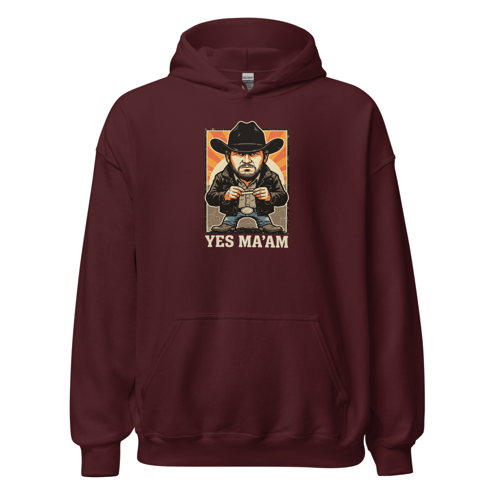 Yes Ma'am Ranch Hand Sunset Cowboy Western Tee — maroon front view