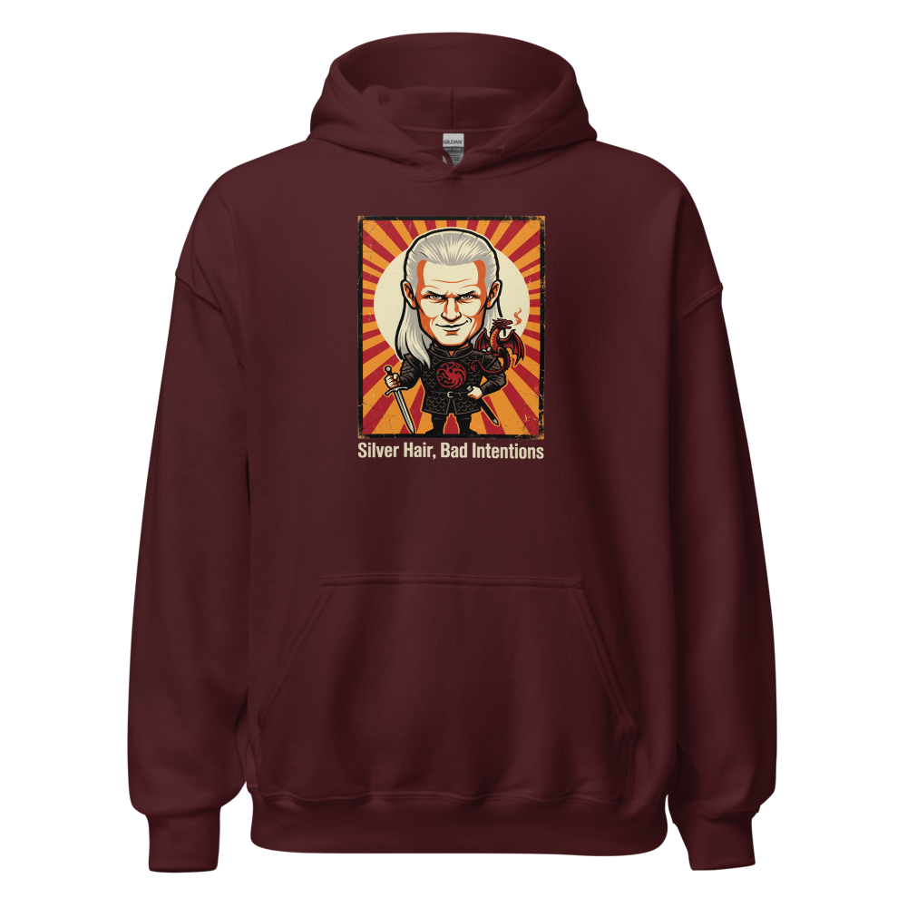 Silver Hair Bad Intentions Rogue Prince Dragon Tee — maroon front view