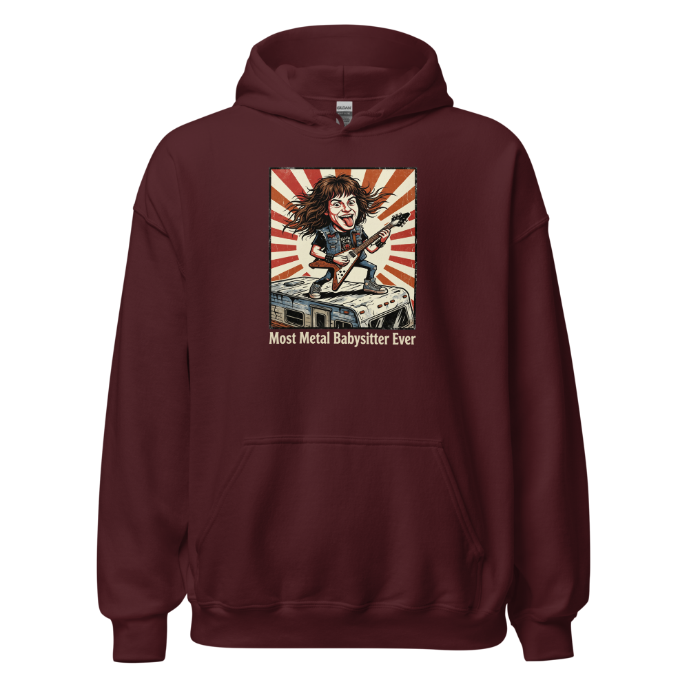 Most Metal Babysitter Ever Flying V Shredder Tee — maroon front view